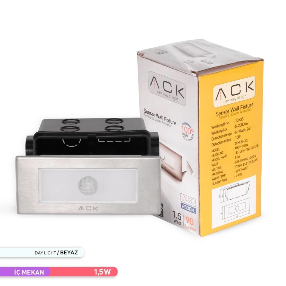 ACK AH07-01034 Sensörlü LED 1,5W 6500K 12 cmx5cmx5,37 cm Merdiven-Duvar Armatürü