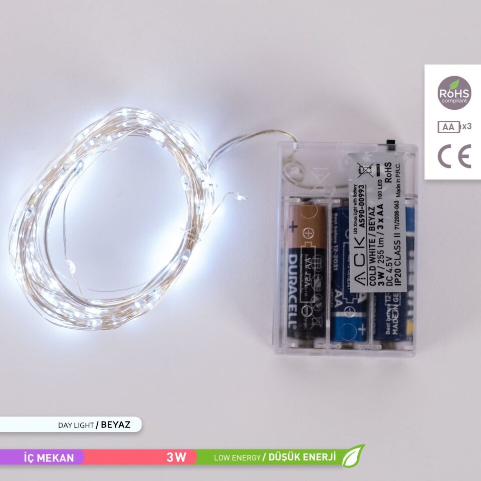 ACK AS90-00993 10mt Pilli LED Süsleme Işığı 6500K