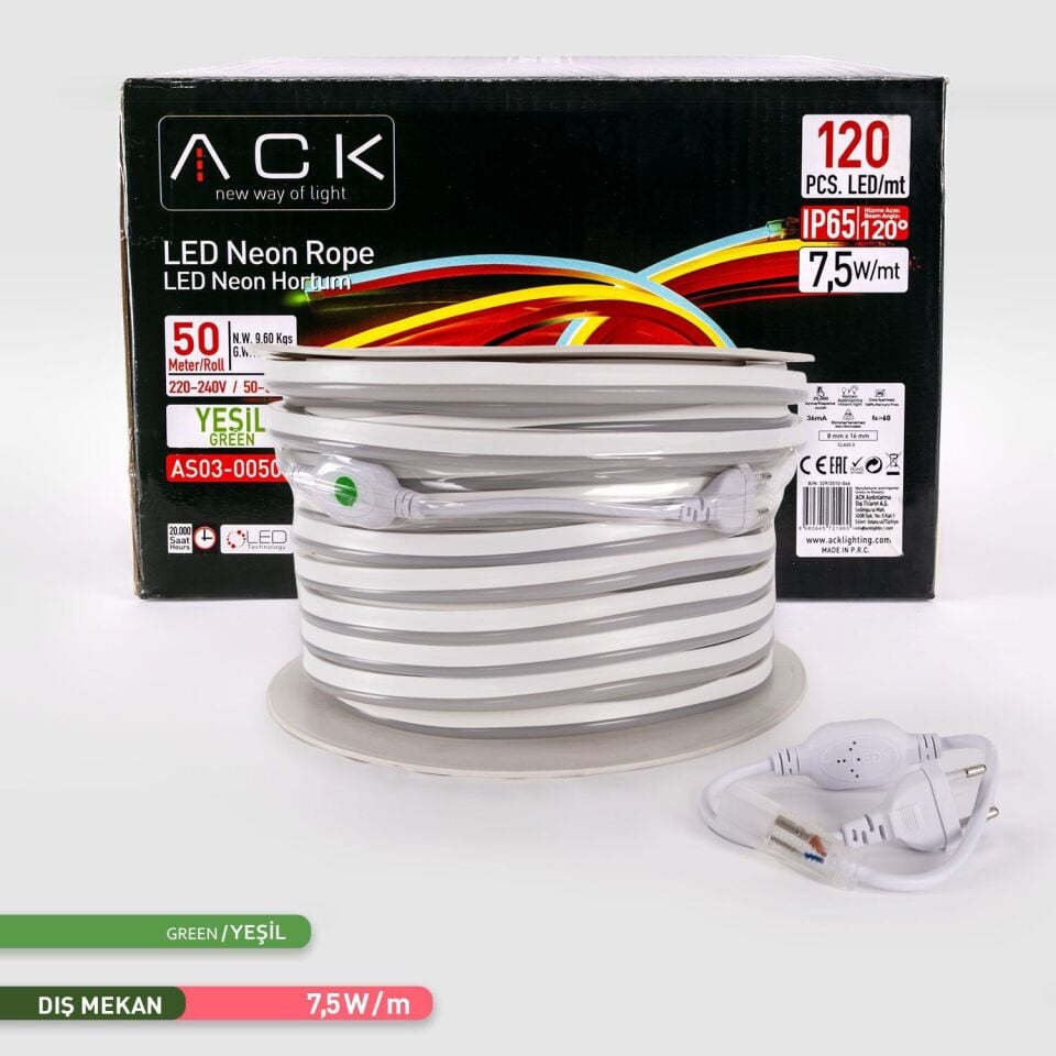 ACK AS03-00505  50 Metre LED Neon 220V Yeşil Işık