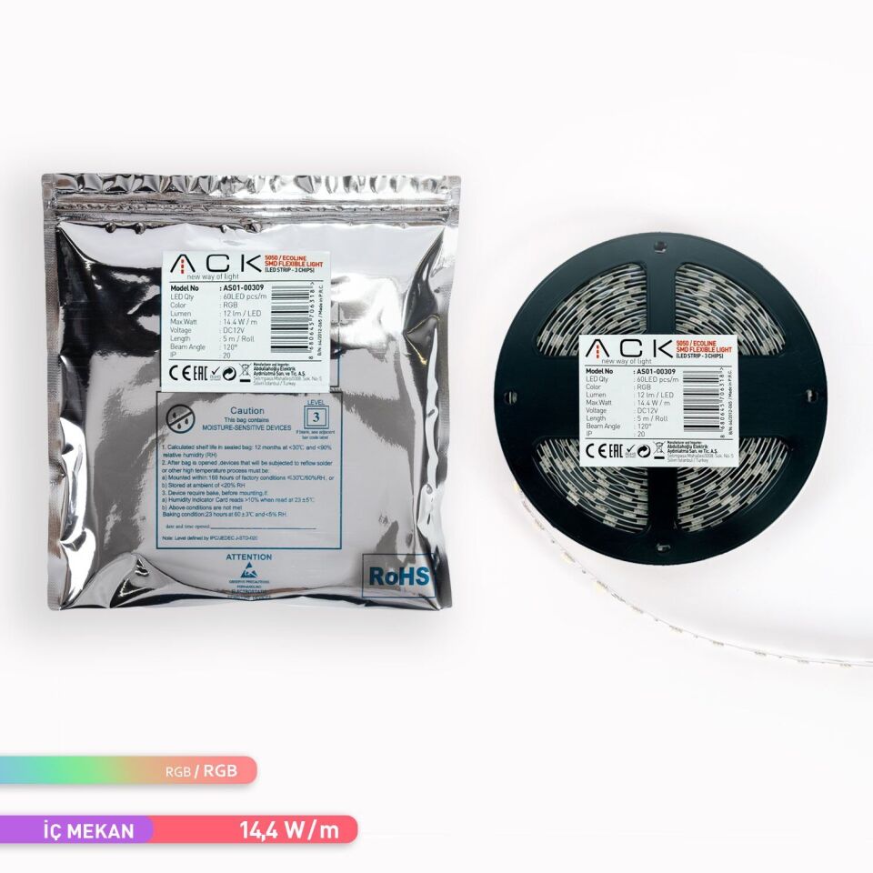 ACK AS01-00309  5 Metre 3 Çipli,60 LED'li Şerit LED RGB Işık