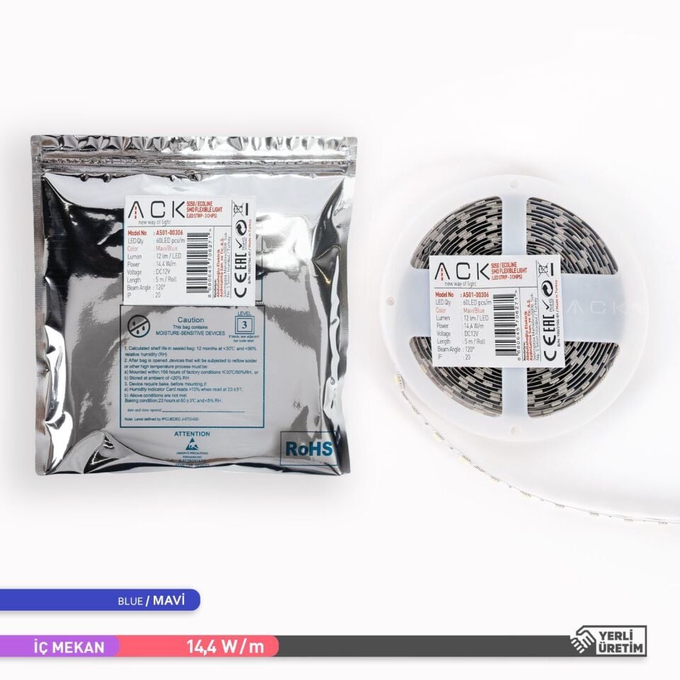 ACK AS01-00306  5 Metre 3 Çipli,60 LED'li Şerit LED Mavi Işık
