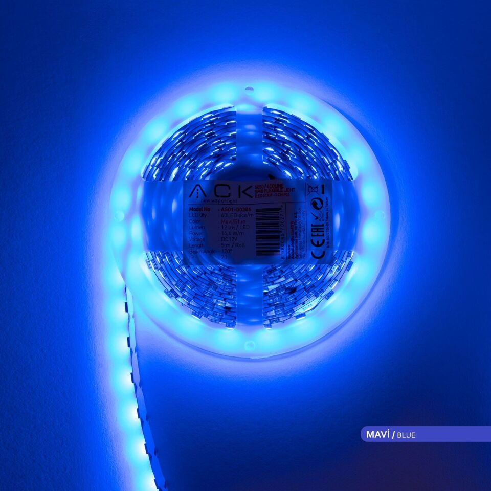 ACK AS01-00306  5 Metre 3 Çipli,60 LED'li Şerit LED Mavi Işık