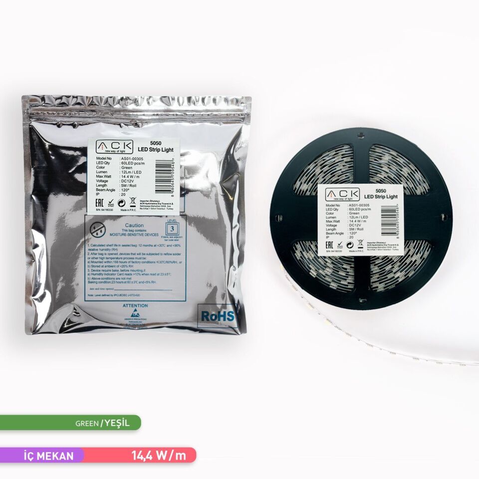 ACK AS01-00305  5 Metre 3 Çipli,60 LED'li Şerit LED Yeşil Işık
