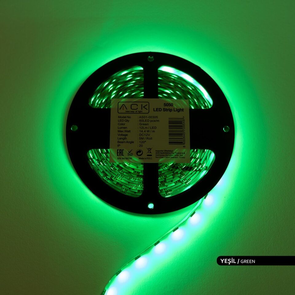 ACK AS01-00305  5 Metre 3 Çipli,60 LED'li Şerit LED Yeşil Işık