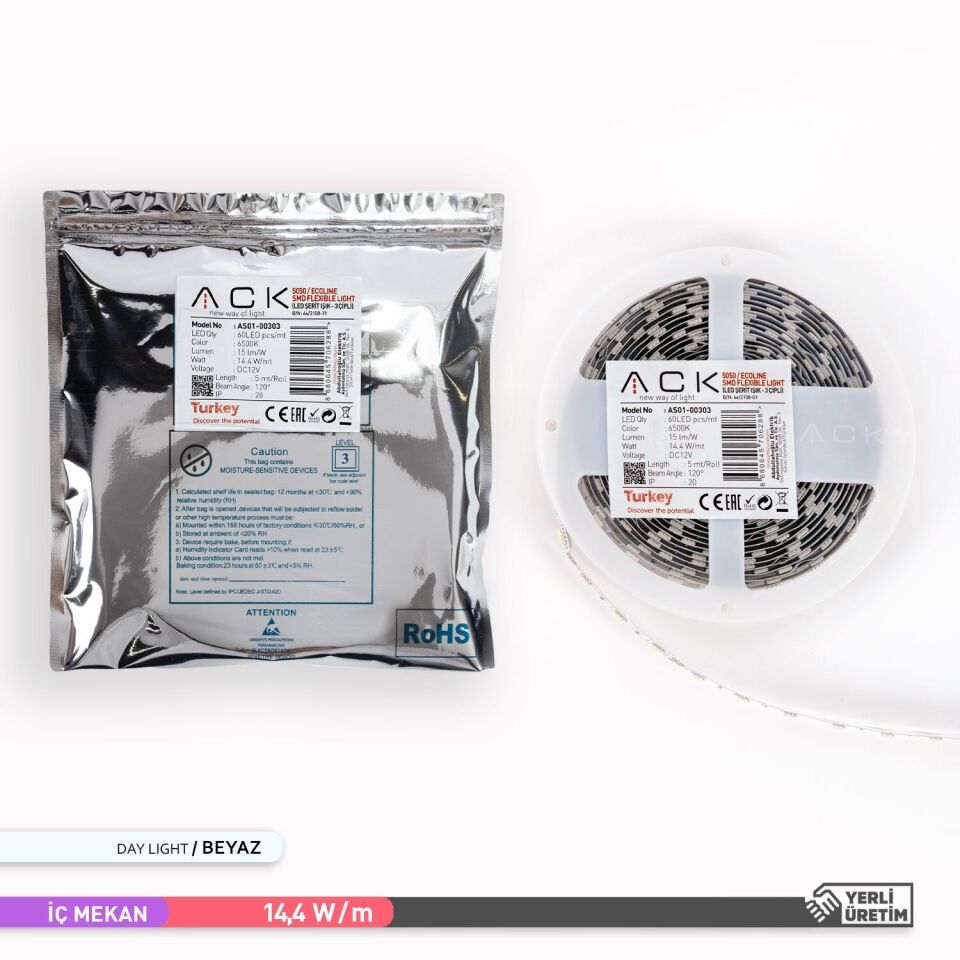 ACK AS01-00303  5 Metre 3 Çipli,60 LED'li Şerit LED 6500K