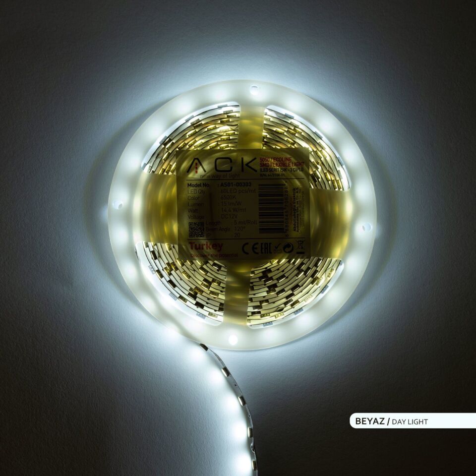 ACK AS01-00303  5 Metre 3 Çipli,60 LED'li Şerit LED 6500K