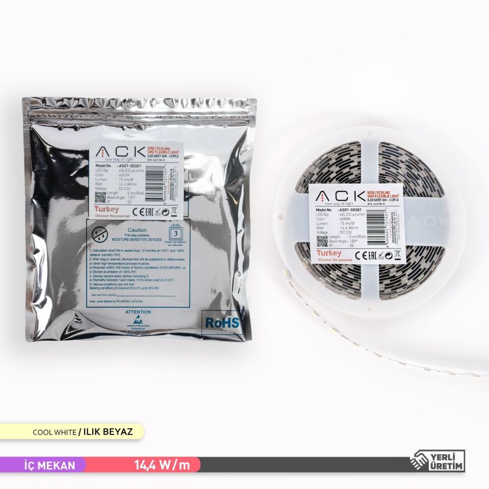 ACK AS01-00301  5 Metre 3 Çipli,60 LED'li Şerit LED 4000K