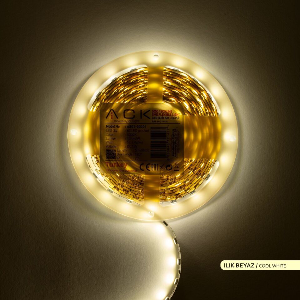 ACK AS01-00301  5 Metre 3 Çipli,60 LED'li Şerit LED 4000K