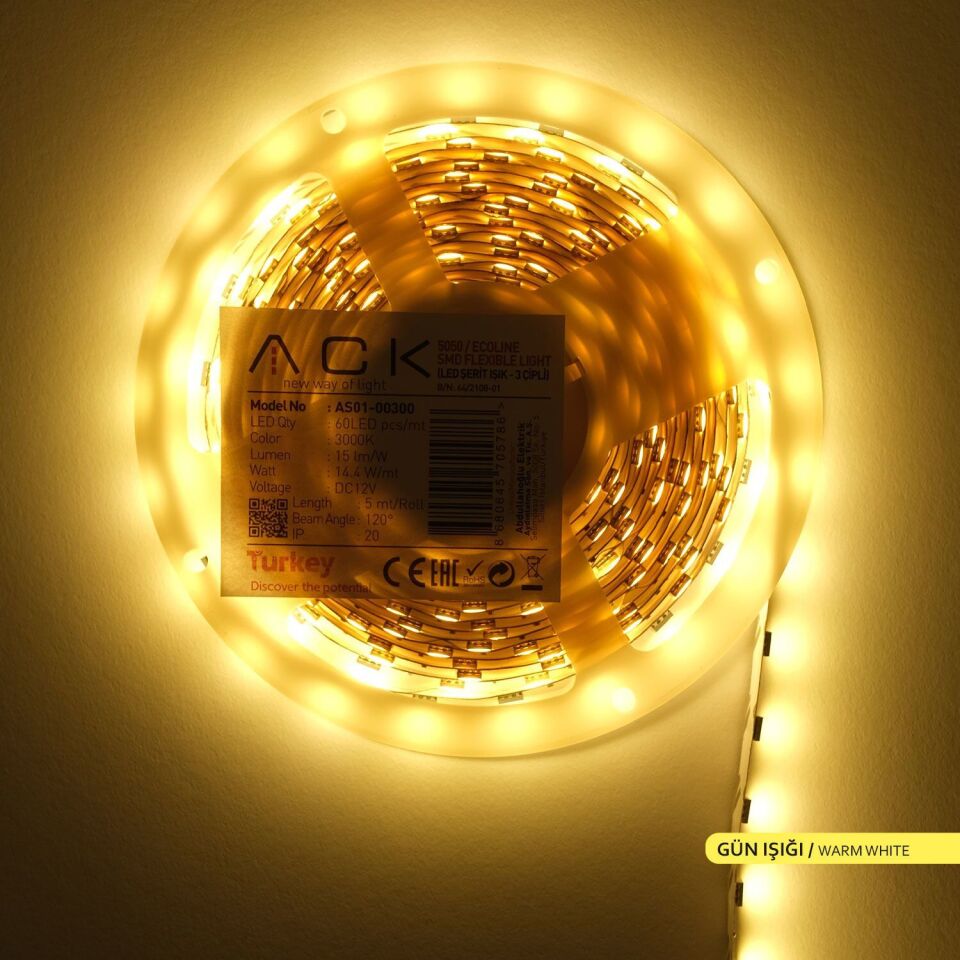ACK AS01-00300  5 Metre 3 Çipli,60 LED'li Şerit LED 3000K