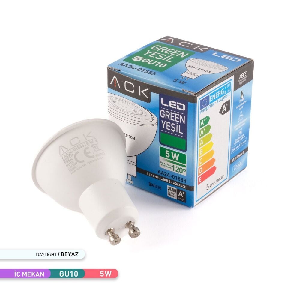 ACK AA24-01555 5W GU10 Difizörlü LED Ampul Yeşil Işık
