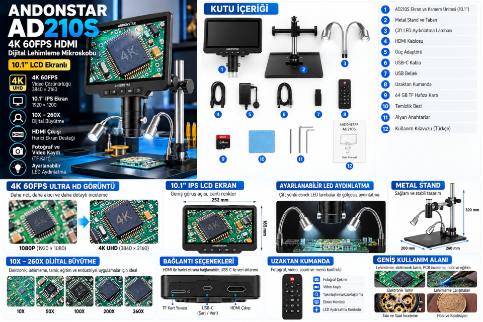Andonstar AD210S 4K 60FPS HDMI Dijital Lehimleme Mikroskobu 10.1” LCD Ekranlı