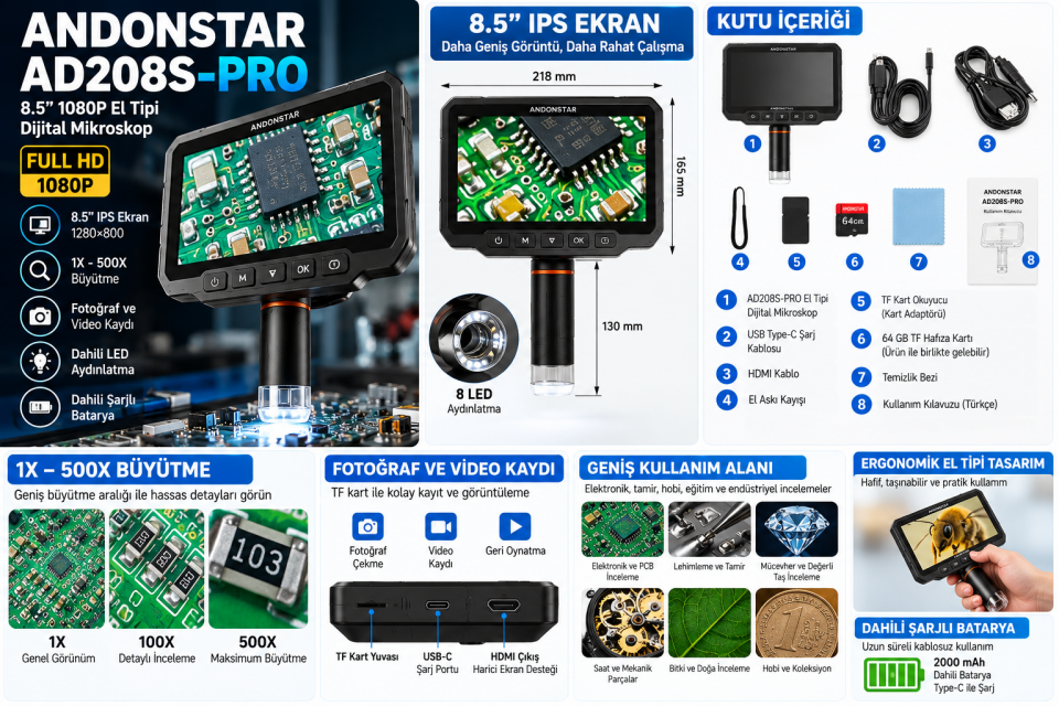 Andonstar AD208S-PRO 8.5” 1080P El Tipi Dijital Mikroskop