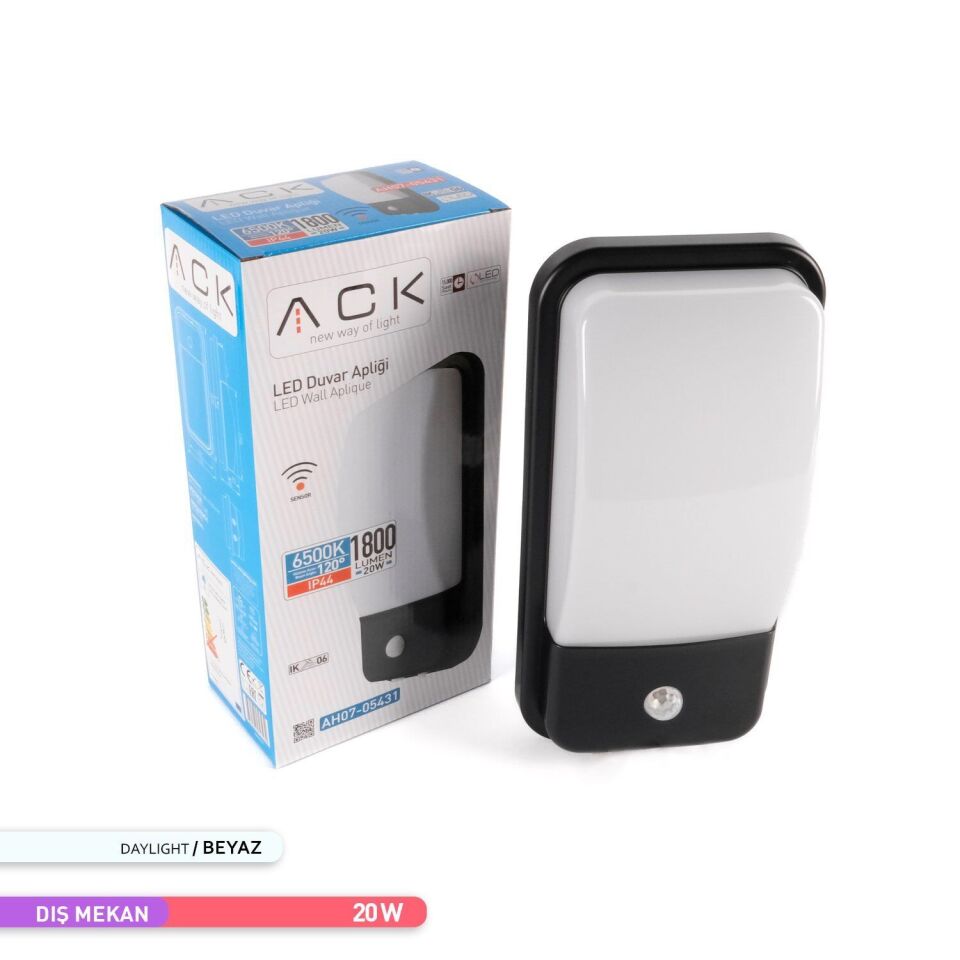 ACK AH07-05431 20W 6500K 30 cm X 8,6 cm X 15 cm Sensörlü LED Duvar Apliği Siyah