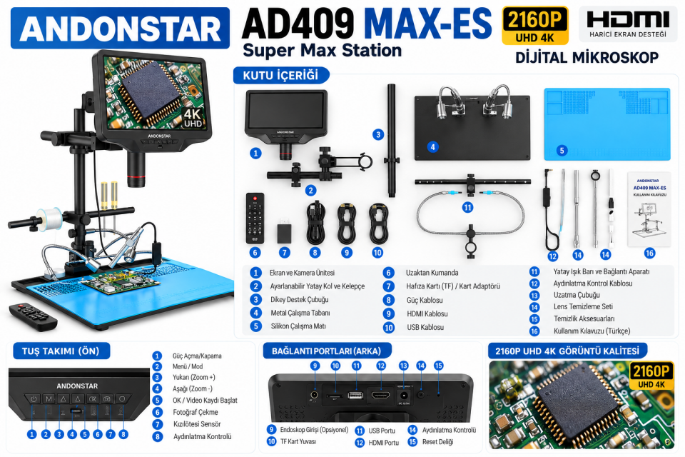 Andonstar AD409 MAX-ES Super Max Station 2160P HDMI Dijital Mikroskop