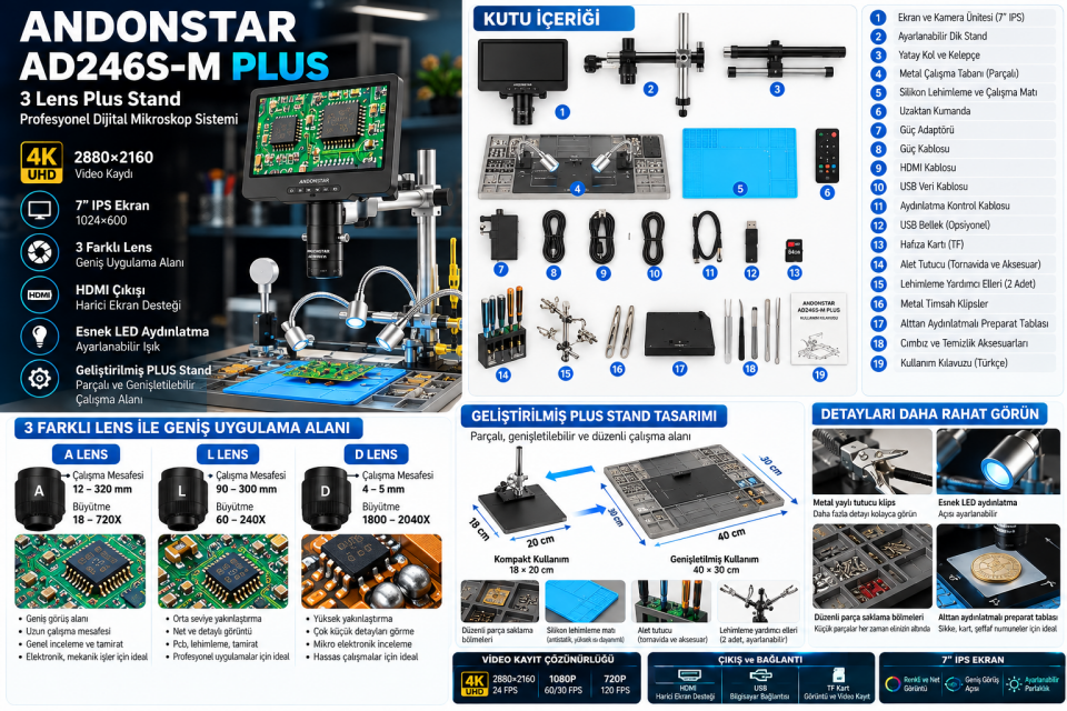 ANDONSTAR AD246S-M PLUS 3 Lens Plus Stand Profesyonel Dijital Mikroskop 7'' Ekran • 2160P UHD • 3 Lens • HDMI & PC