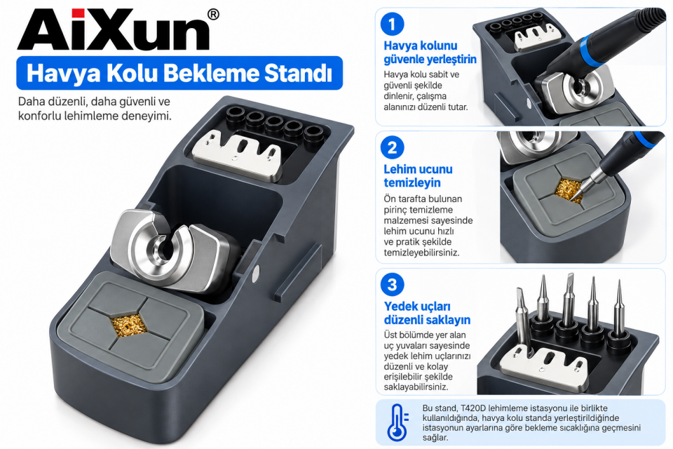 AiXun AX-RS92 T420D Sol Havya Kolu Standı – Lehimleme İstasyonu Havya Tutucu
