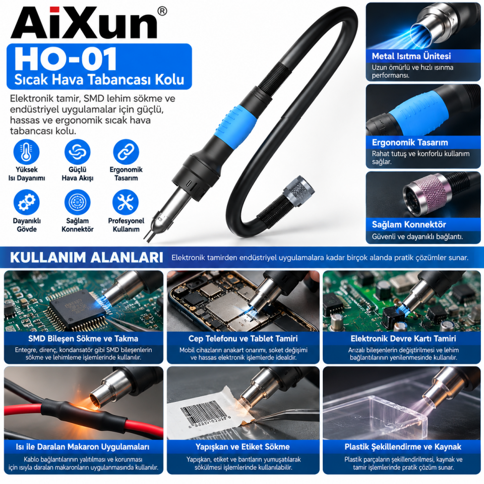 AiXun HO-01 Sıcak Hava Tabancası Kolu – SMD Lehim Sökme ve Elektronik Tamir