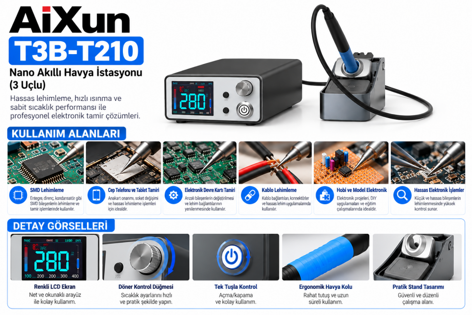 AiXun T3B-T210 Nano Akıllı Havya İstasyonu 3 Uçlu – Dijital Ekranlı Hassas Lehimleme Seti