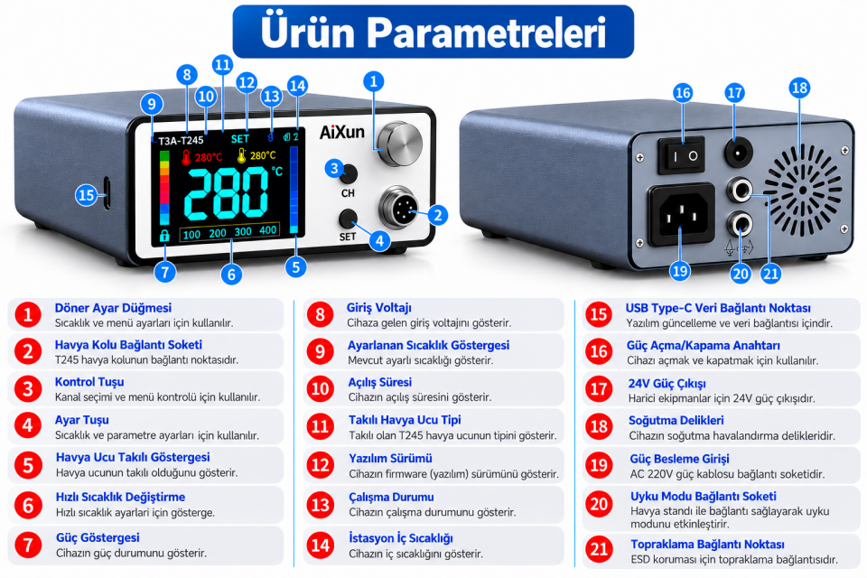 AiXun T3A-T245 200W Nano Akıllı Havya İstasyonu 3 Uçlu Dijital Lehimleme Seti