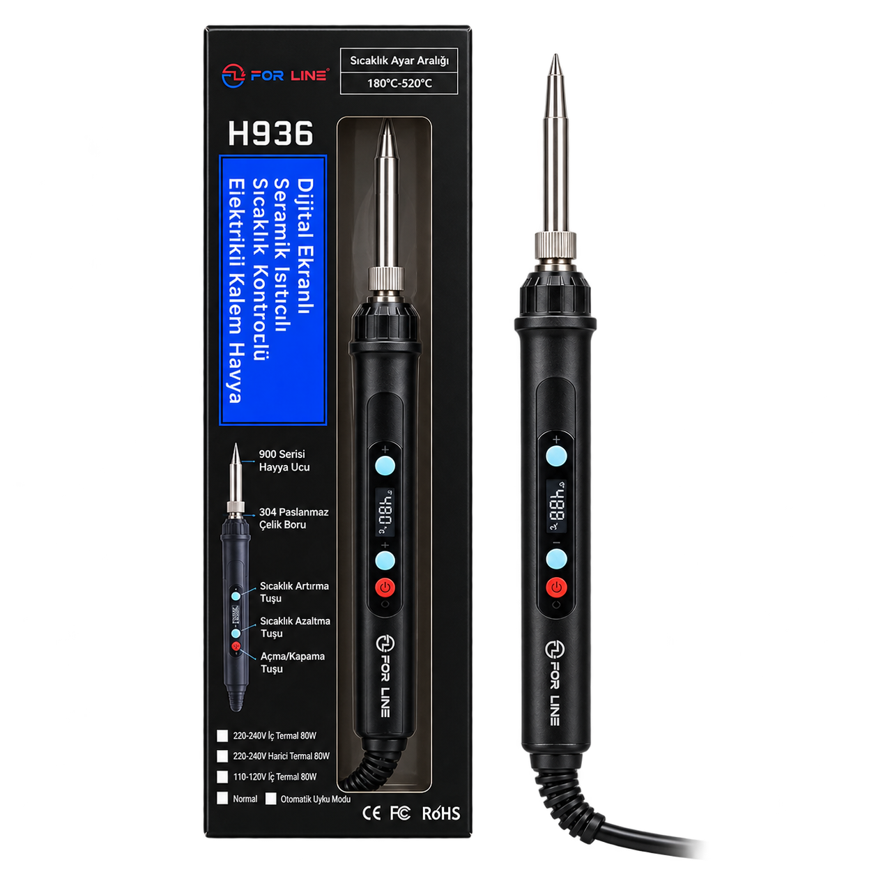 FOR LINE H936 80W Dijital Ekranlı Ayarlanabilir Sıcaklıklı Kalem Havya 180°C–520°C
