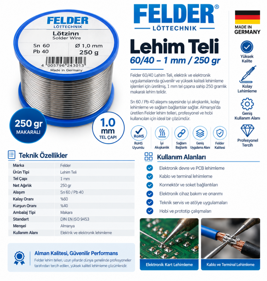 Felder 60/40 1 mm Lehim Teli 250 gr Sn60/Pb40 – Alman Üretimi