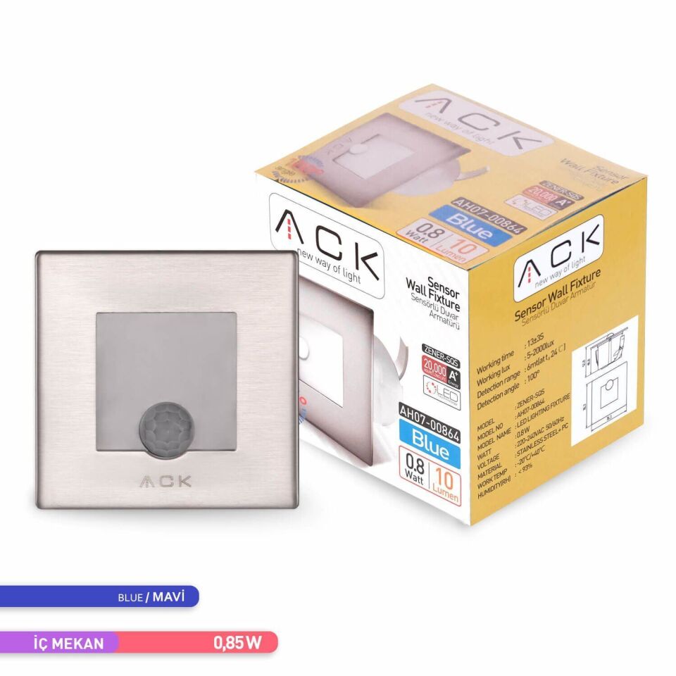 ACK AH07-00864 Sensörlü LED 0,84W Mavi Işık 7,75 cm x 7,75 cm x 5,3 Merdiven-Duvar Armatürü