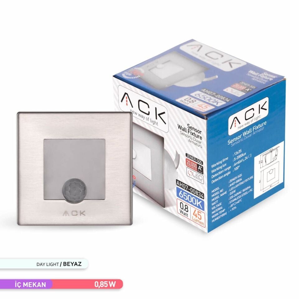 ACK AH07-00834 Sensörlü LED 0,84W 6500K 7,75 cm x 7,75 cm x 5,3 Merdiven-Duvar Armatürü