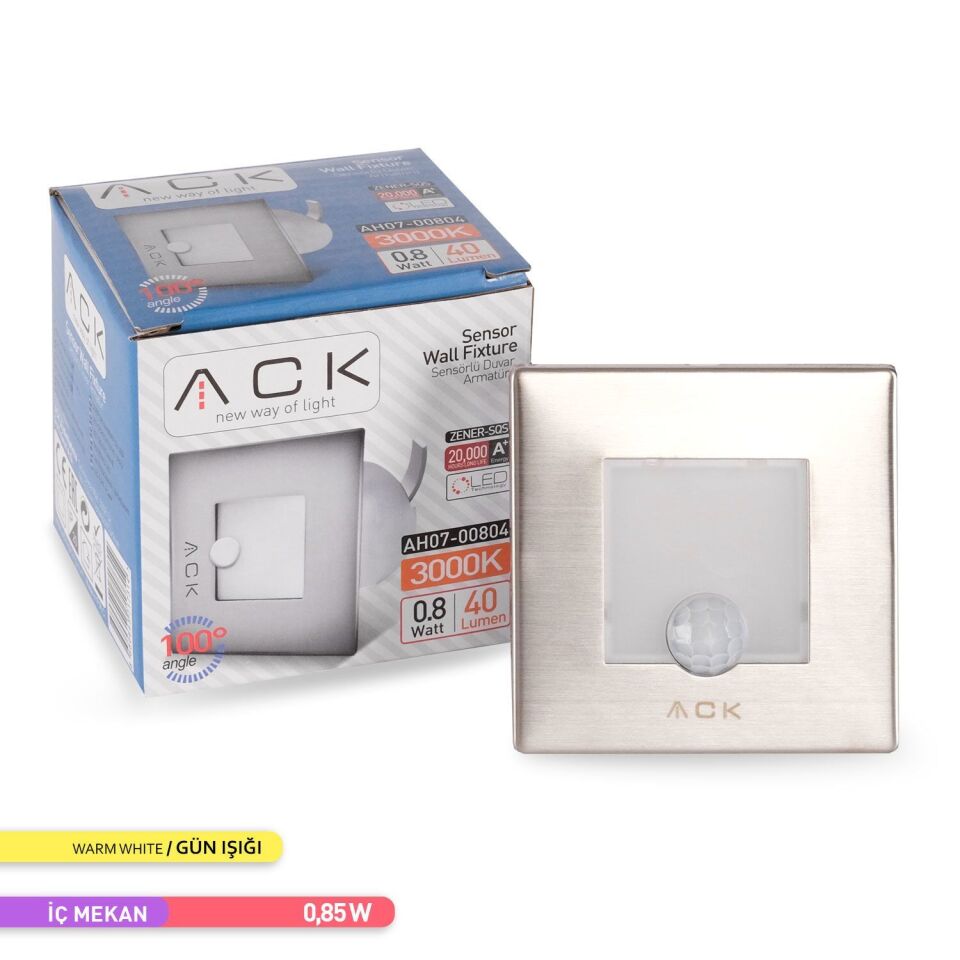 ACK AH07-00804 Sensörlü LED 0,84W 3000K 7,75 cm x 7,75 cm x 5,3 Merdiven-Duvar Armatürü