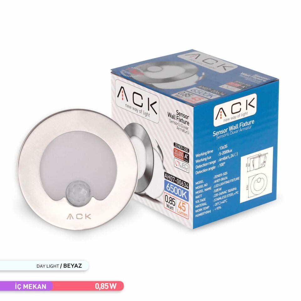 ACK AH07-00634 Sensörlü LED 1,5W 6500K 7,75 cm x 5,3 cm Merdiven-Duvar Armatürü