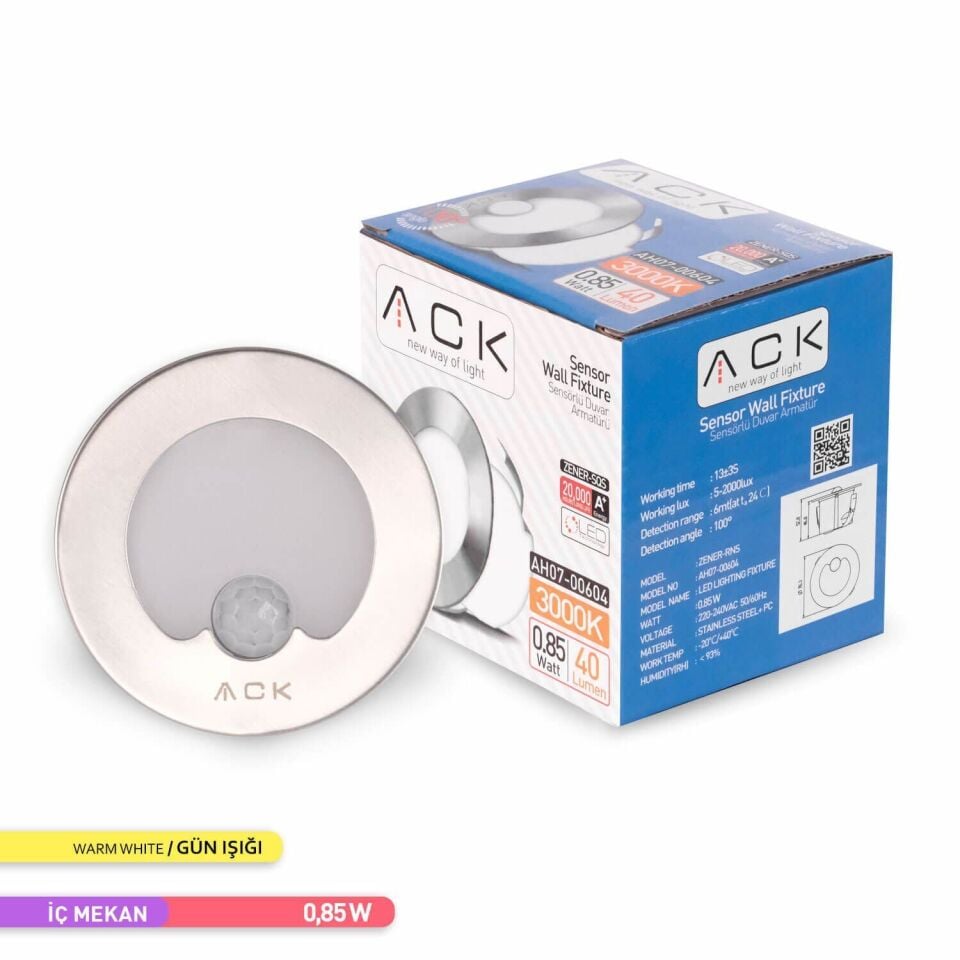 ACK AH07-00604 Sensörlü LED 1,5W 3000K 7,75 cm x 5,3 cm Merdiven-Duvar Armatürü