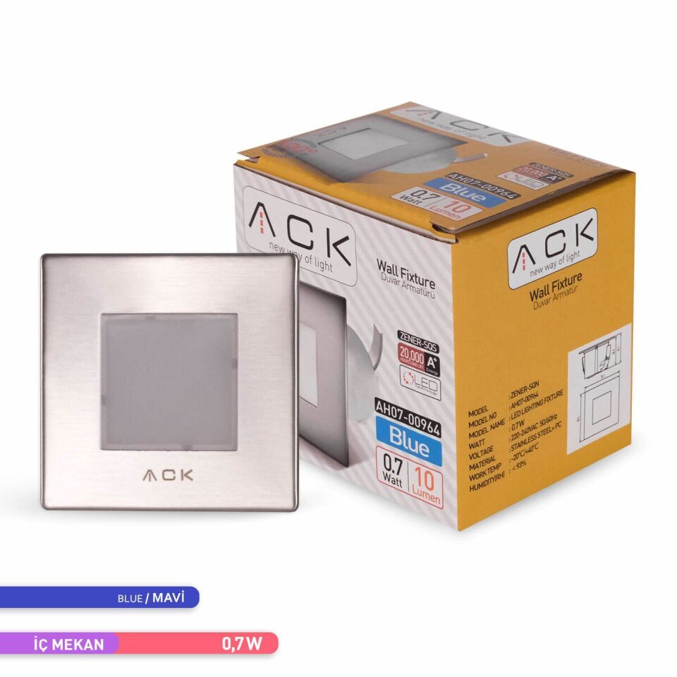 ACK AH07-00964 LED 1,5W Mavi Işık 7,75 cm x 7,75 cm x 5,3 cm Merdiven-Duvar Armatürü