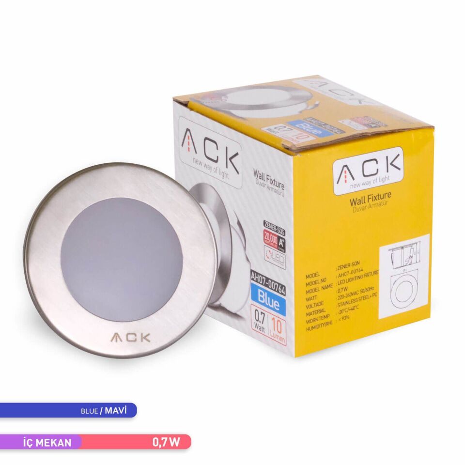 ACK AH07-00764 LED Mavi Işık 1,5W 7,75 cm x 5,3 cm Merdiven-Duvar Armatürü