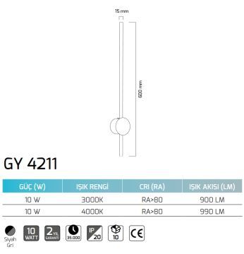 GOYA GY 4211 10 Watt Siyah-Gold Gövde LED Çubuk Aplik - Gün Işığı