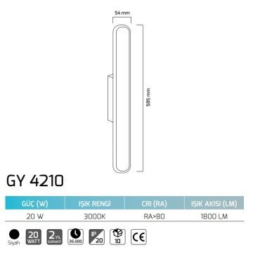 GOYA GY 4210 20 Watt Siyah Gövde Dekoratif LED Aplik - Gün Işığı