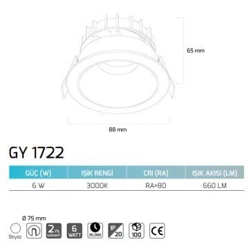 GOYA GY 1722 6 Watt Beyaz-Siyah Sıva Altı Yuvarlak LED Spot - Gün Işığı