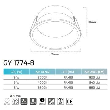 GOYA GY 1774-8 8 Watt Beyaz Sıva Altı Dimli LED Spot