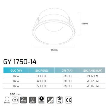 GOYA GY 1750-14 14 Watt Beyaz Sıva Altı Dimli LED Spot