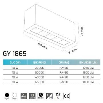 GOYA GY 1865 10 Watt Beyaz/Siyah Gövde Sıva Altı LED Spot