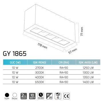 GOYA GY 1865 10 Watt Beyaz/Siyah Gövde Sıva Altı Dimli LED Spot