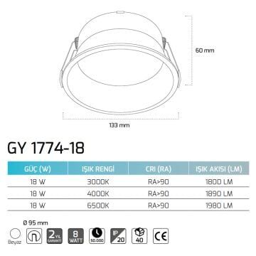 GOYA GY 1774-18 18 Watt Beyaz Sıva Altı Dimli LED Spot