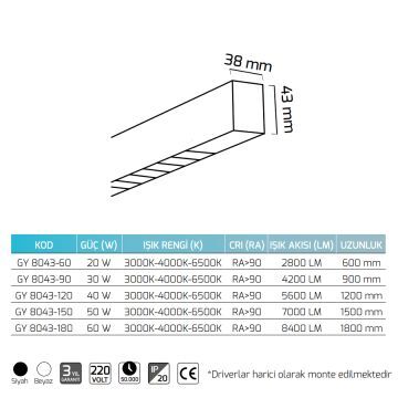 GOYA GY 8043-180 Siyah/Beyaz Kasa 60 Watt 180 cm LED Lensli Lineer Sarkıt Armatür