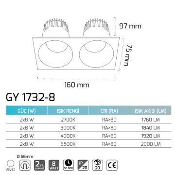 GOYA GY 1732-8 2x8 Watt Beyaz Sıva Altı İkili LED Spot