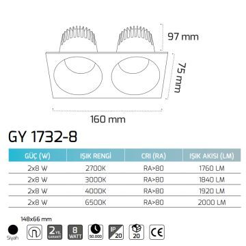 GOYA GY 1732-8 2x8 Watt Siyah Sıva Altı İkili LED Spot