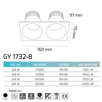 GOYA GY 1732-14 2x14 Watt Siyah Sıva Altı Dimli LED Spot