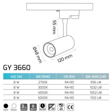 GOYA GY 3660 8 Watt Siyah/Beyaz Gövde LED Ray Spot
