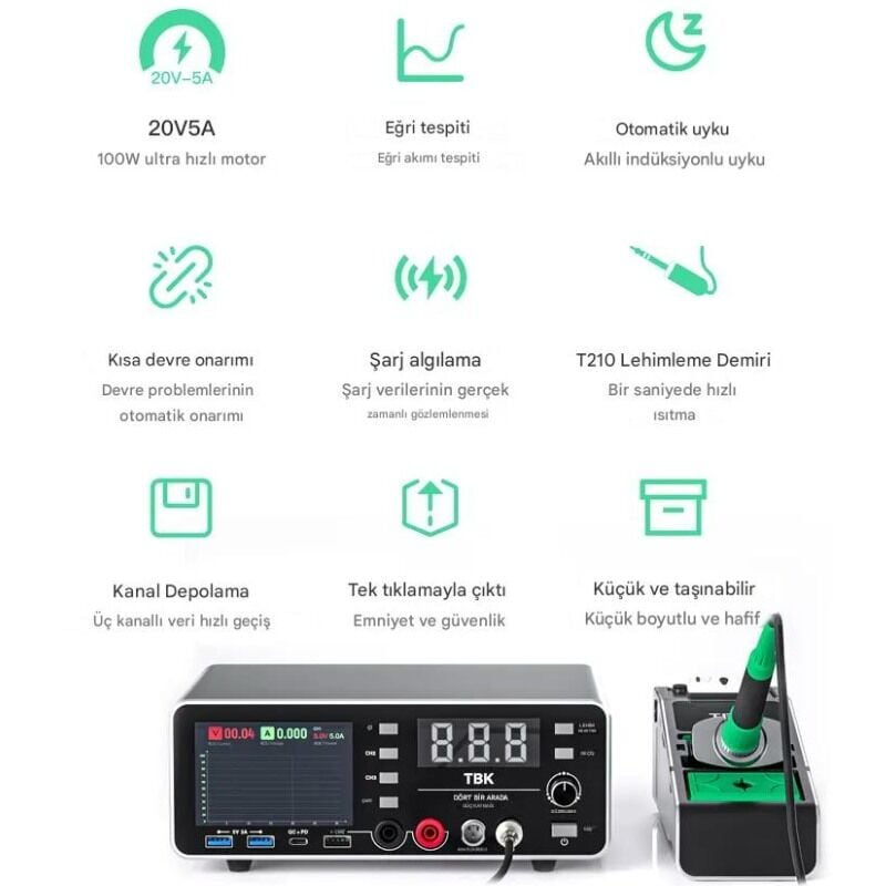 TBK-219 4'ü 1 Arada DC Güç Kaynağı ve C210 Kalem Havya İstasyonu 20V 5A