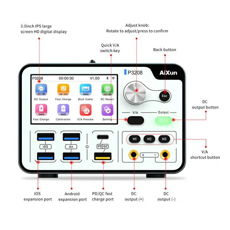 AiXun P3208 320W Akıllı Regüleli Güç Kaynağı 32V / 8A – Bluetooth & WiFi – PD/QC