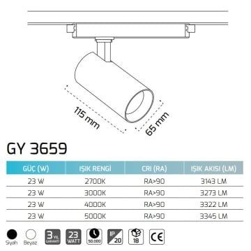 GOYA GY 3659 23 Watt Siyah/Beyaz Gövde Dimli LED Ray Spot