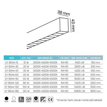 GOYA GY 8044-150 Siyah/Beyaz Kasa 100 Watt 150 cm Sıva Üstü Lensli Lineer Armatür