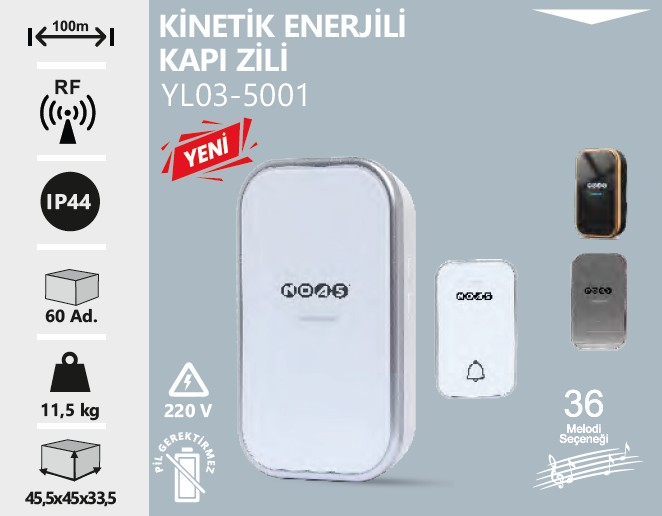 NOAS YL03-5001 Kablosuz Dijital Kapı Zili-kinetik Enerji Kontrol